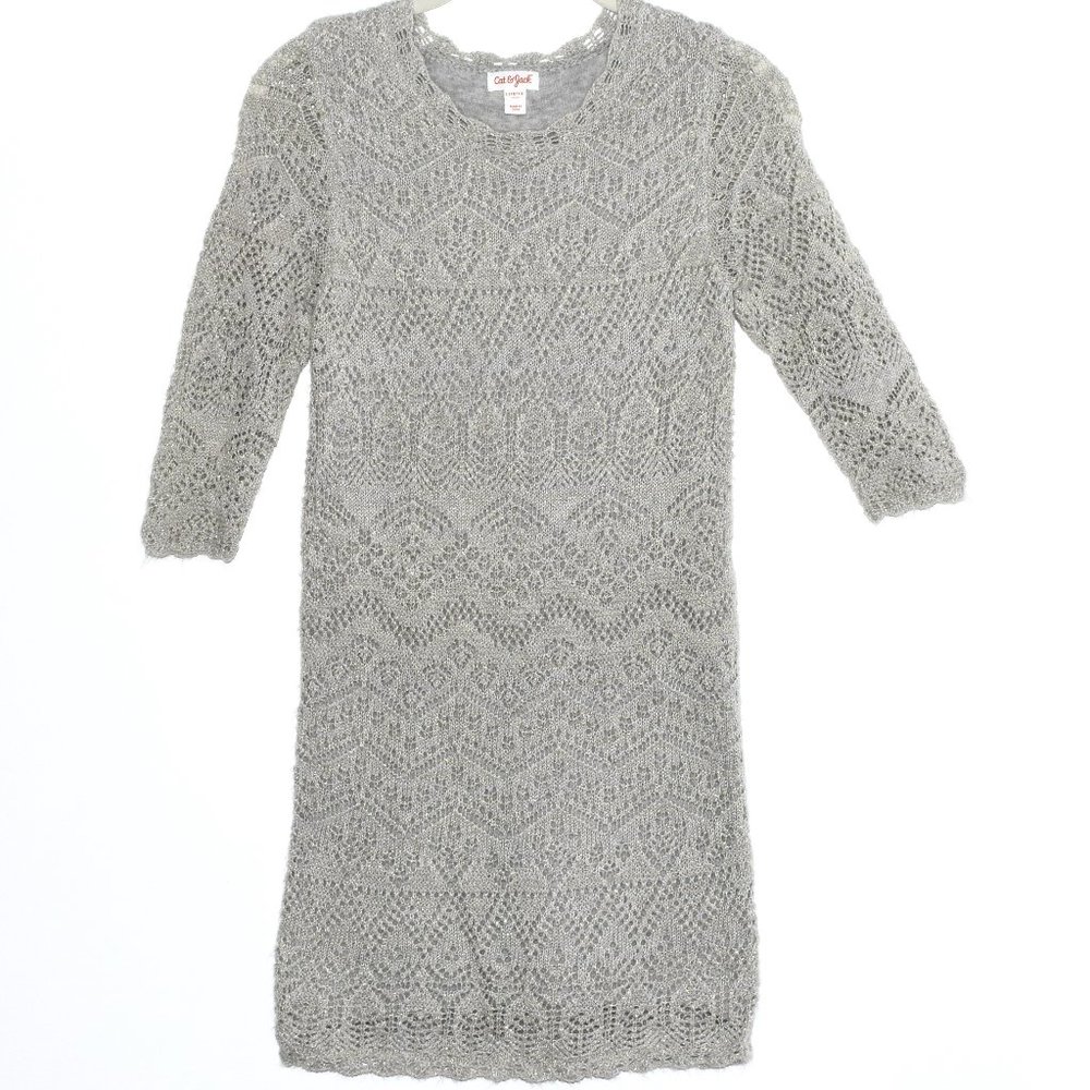Cat & Jack Crochet Sweater Dress with Sparkly Gold Threads - Large (10-1…